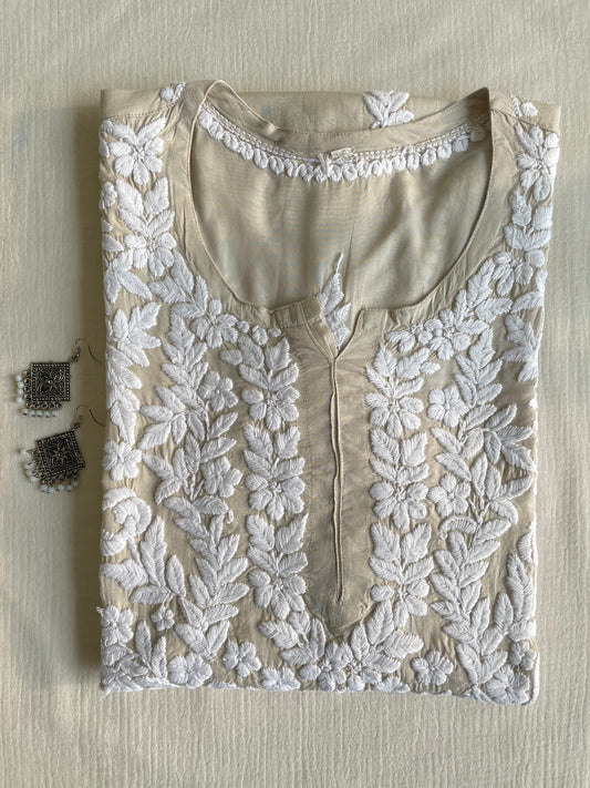 Naira Modal Long Chikankari Kurta(Light Beige)
