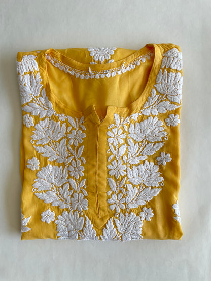 Naira Modal Long Chikankari kurta( Mustard yellow)