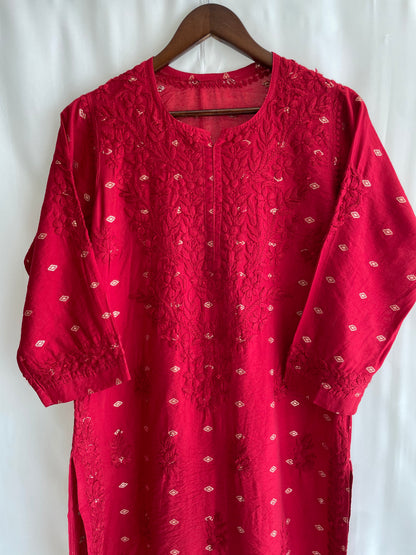 Inaya Long Chikankari Kurti ( Red)