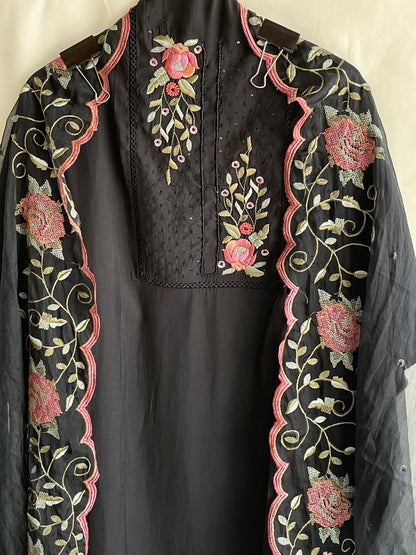 Black Unstitched suit set with cut dana work on neck and Beautiful Embroidered Dupatta