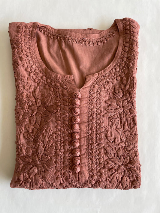Cotton Polti Button Chikankari kurti (Light Brown)