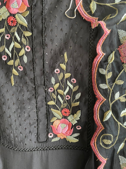 Black Unstitched suit set with cut dana work on neck and Beautiful Embroidered Dupatta