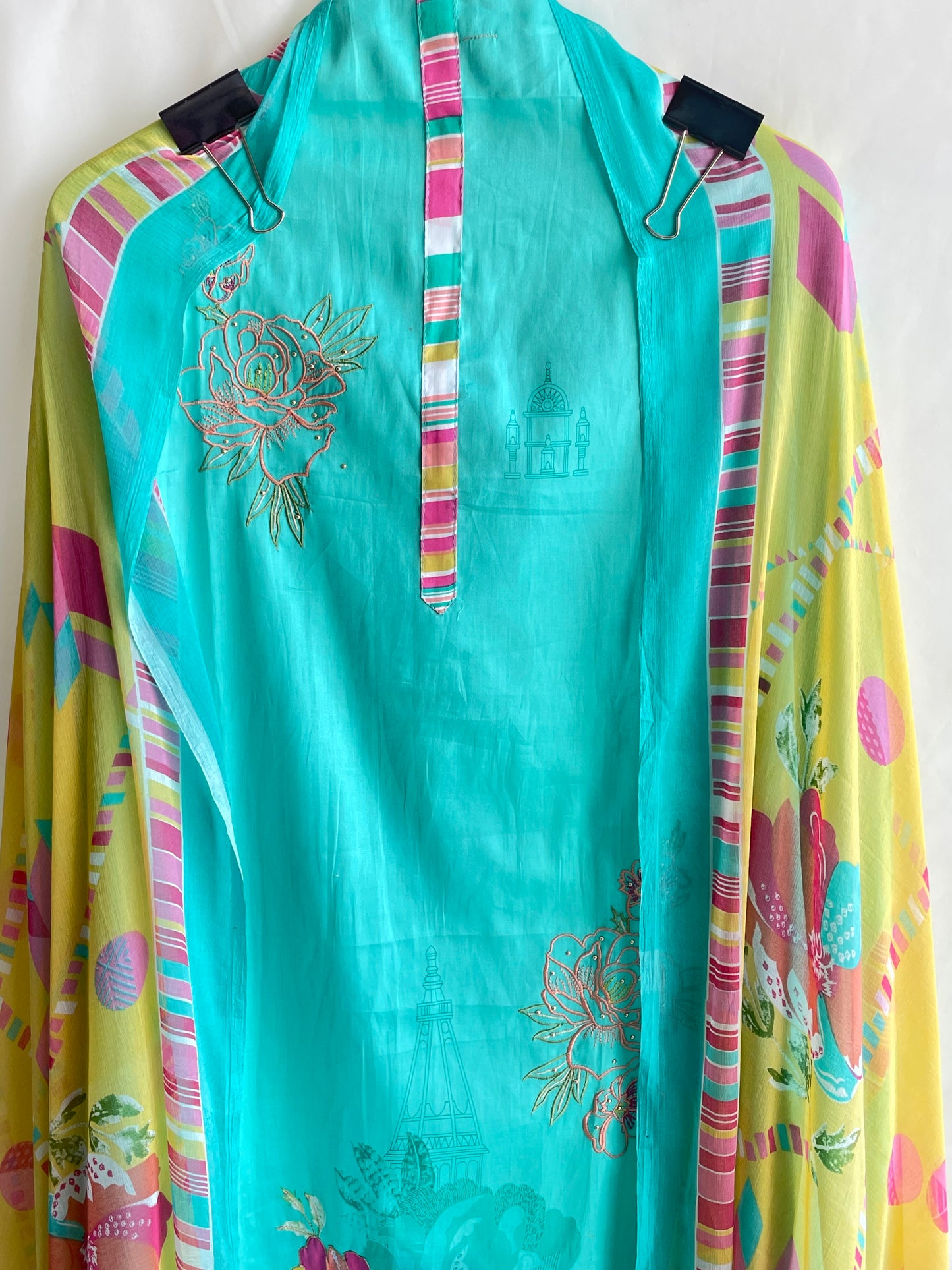 Soft Jaam Cotton Unstitched suit with thread work on the shirt and Colorful Dupatta