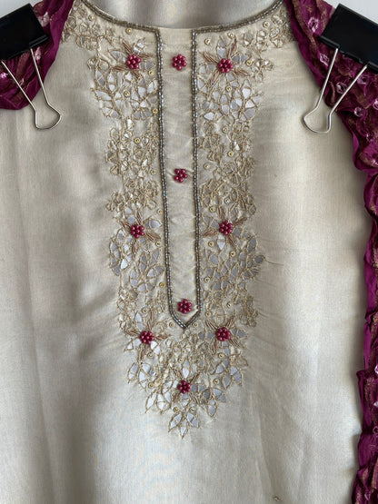 Shimmer silk Unstitched suit set with beautiful Bandhani Crushed dupatta