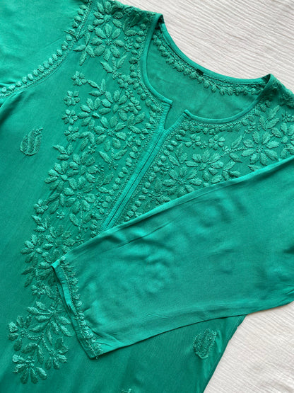 Riza Rayon Chikankari Long Kurta ( Rama Green)
