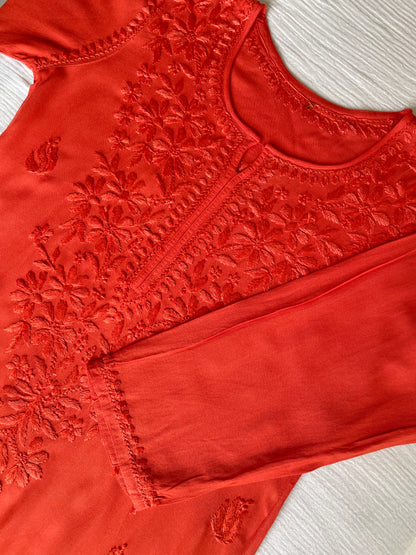 Riza Rayon Chikankari Long Kurta (Rust Orange)