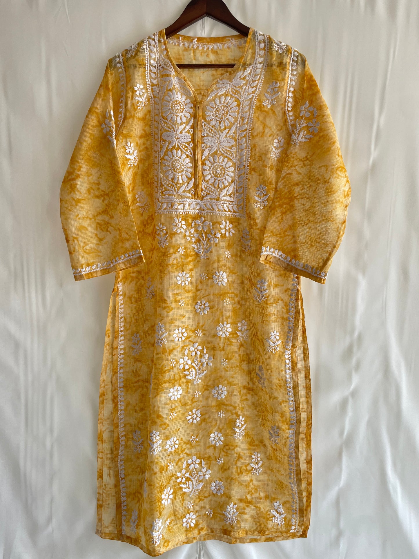 Kota Shibori Long Chikankari Kurti ( Yellow)