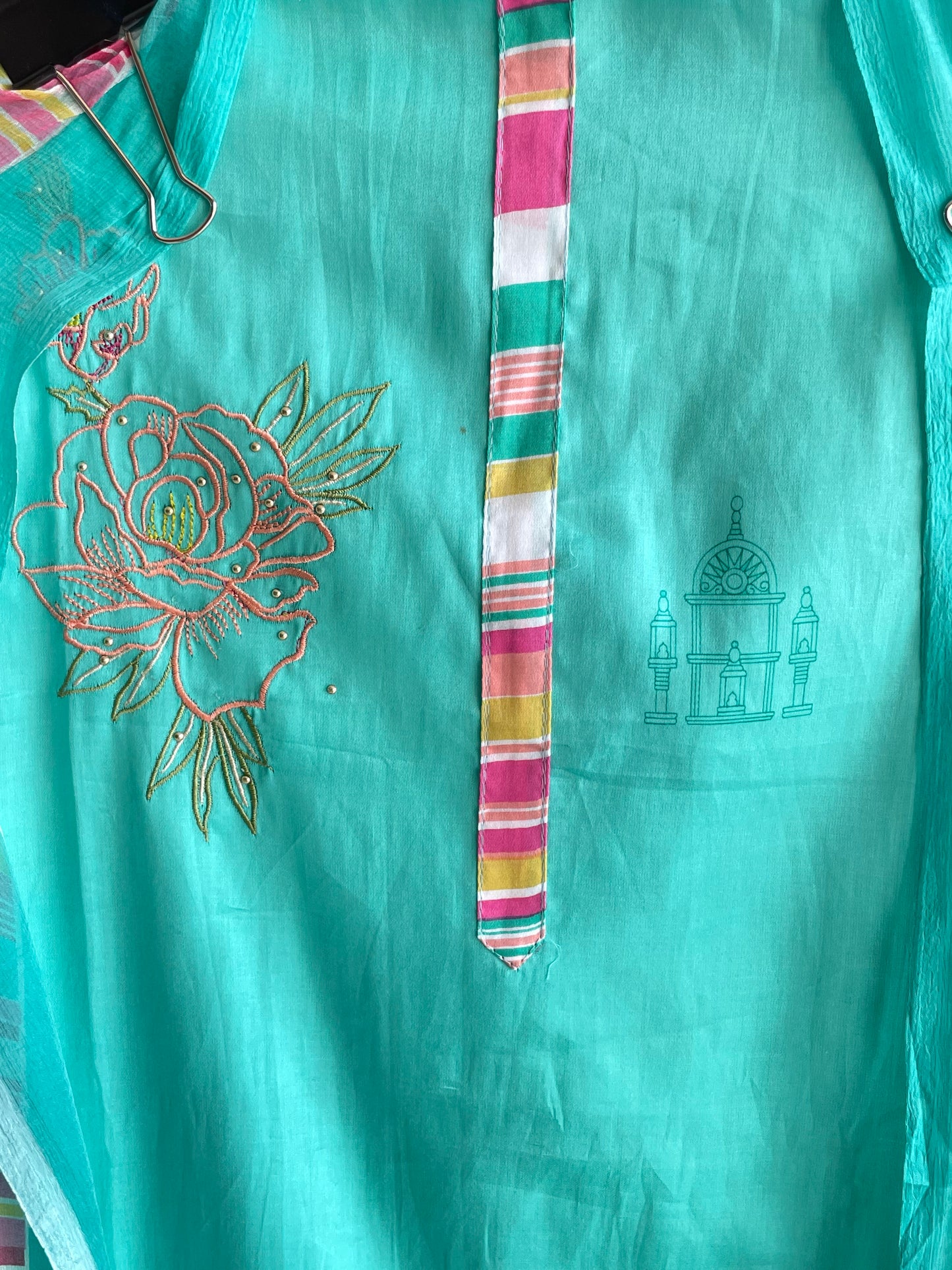 Soft Jaam Cotton Unstitched suit with thread work on the shirt and Colorful Dupatta