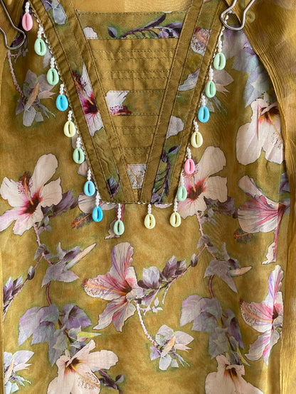 Floral Print Organza Unstitched suit set with Kaudi Lace work Dupatta