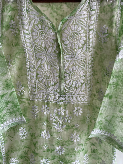 Kota Shibori Long Chikankari Kurti (Pista Green)