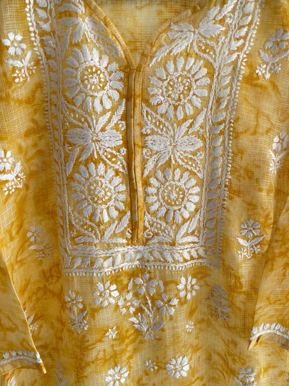 Kota Shibori Long Chikankari Kurti ( Yellow)