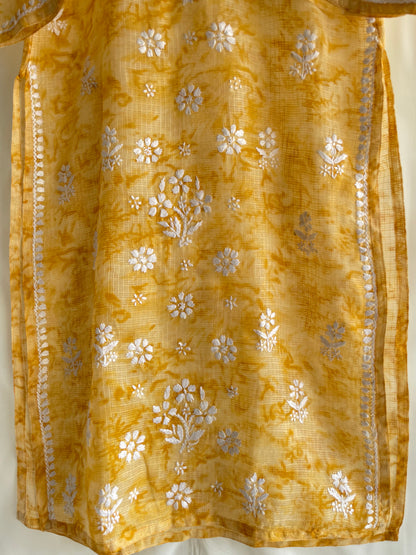 Kota Shibori Long Chikankari Kurti ( Yellow)