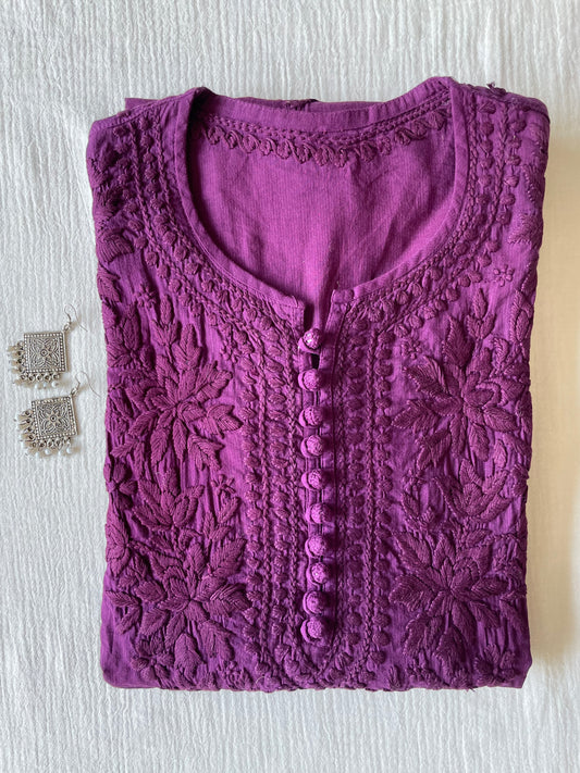 Cotton Potli Button Chikankari Kurti (Purple)