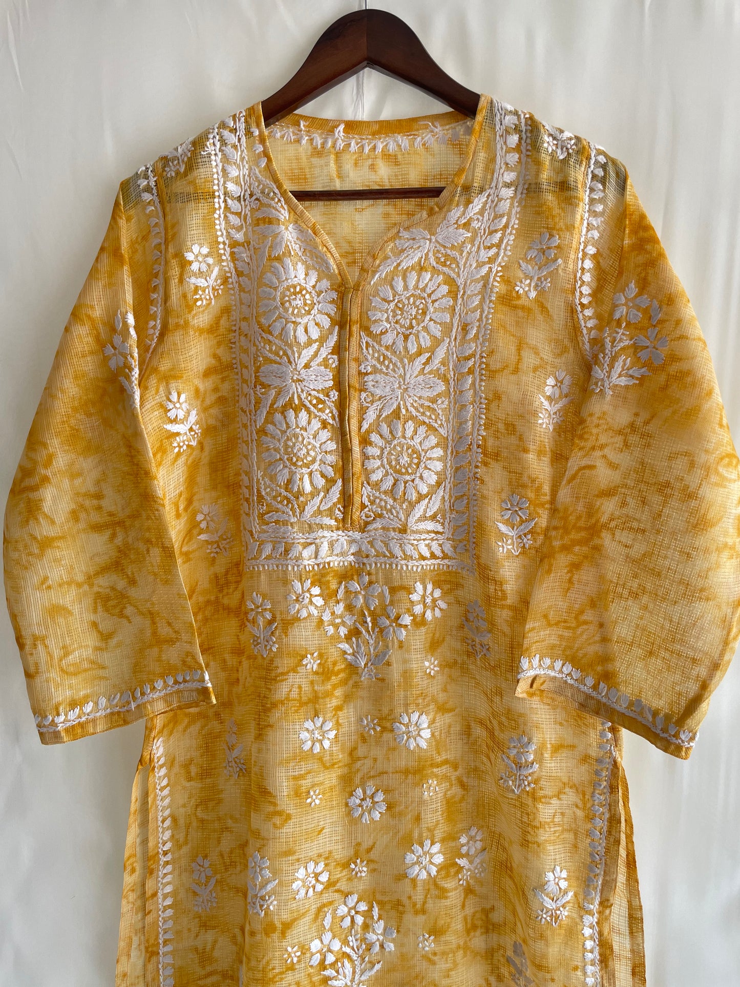 Kota Shibori Long Chikankari Kurti ( Yellow)