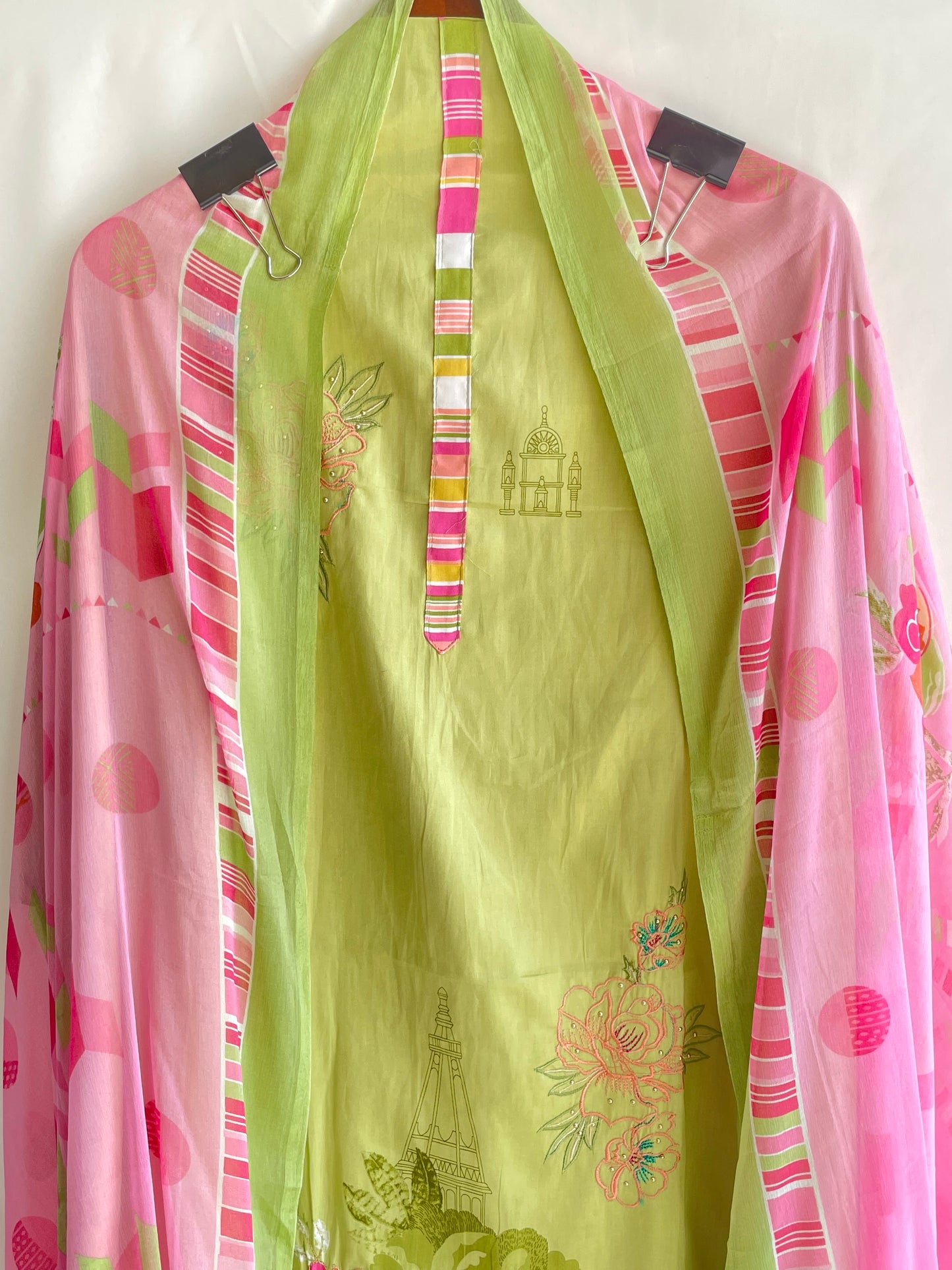 Soft Jaam Cotton Unstitched suit with thread work on the shirt and Colorful Dupatta