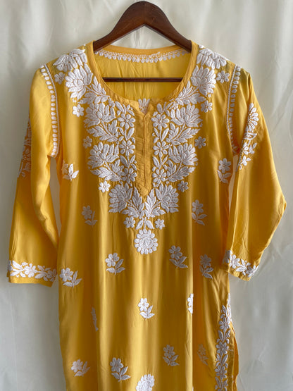 Naira Modal Long Chikankari kurta( Mustard yellow)