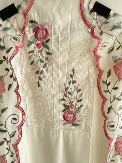 White Unstitched suit set with cut dana work on neck and Beautiful Embroidered Dupatta