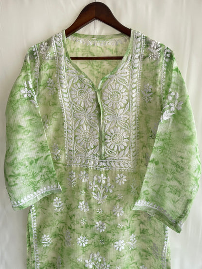 Kota Shibori Long Chikankari Kurti (Pista Green)