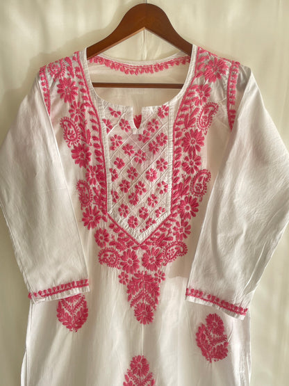 Zoya Cotton Long Chikankari Kurti (Pink)