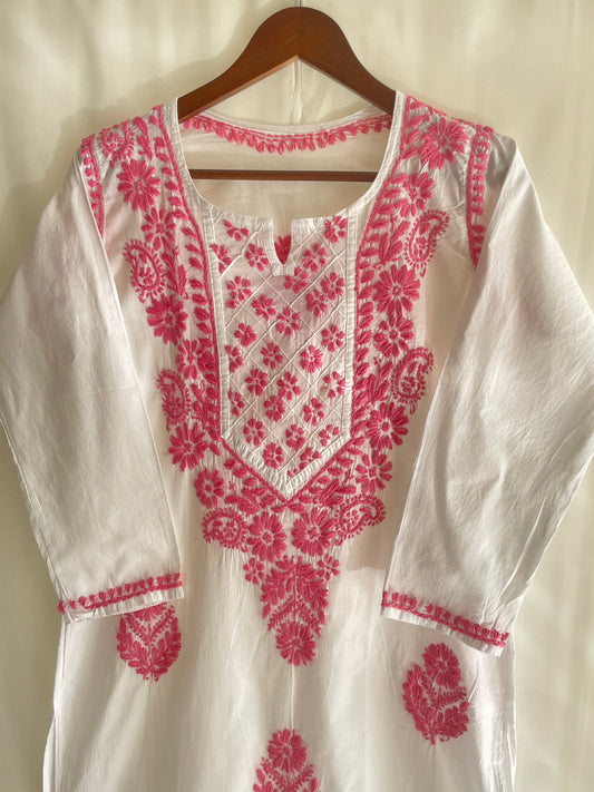 Zoya Cotton Long Chikankari Kurti (Pink)