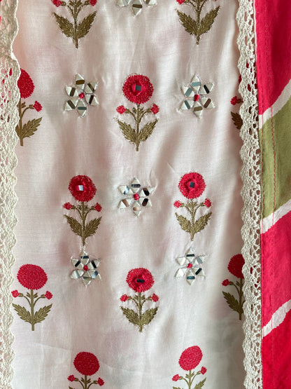 Pure Muslin unstitched suit set with Beautiful Laheriya Dupatta