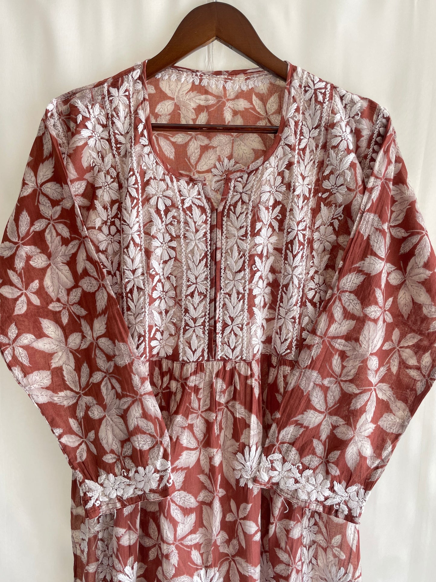 Aiza Naira cut Long Chikankari Kurta ( Rust Brown)