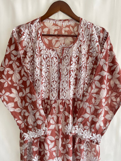 Aiza Naira cut Long Chikankari Kurta ( Rust Brown)