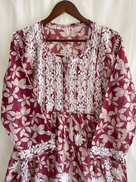 Aiza Naira cut Long Chikankari Kurta ( Maroon)