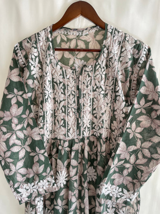Aiza Naira cut Long Chikankari Kurta ( Green)